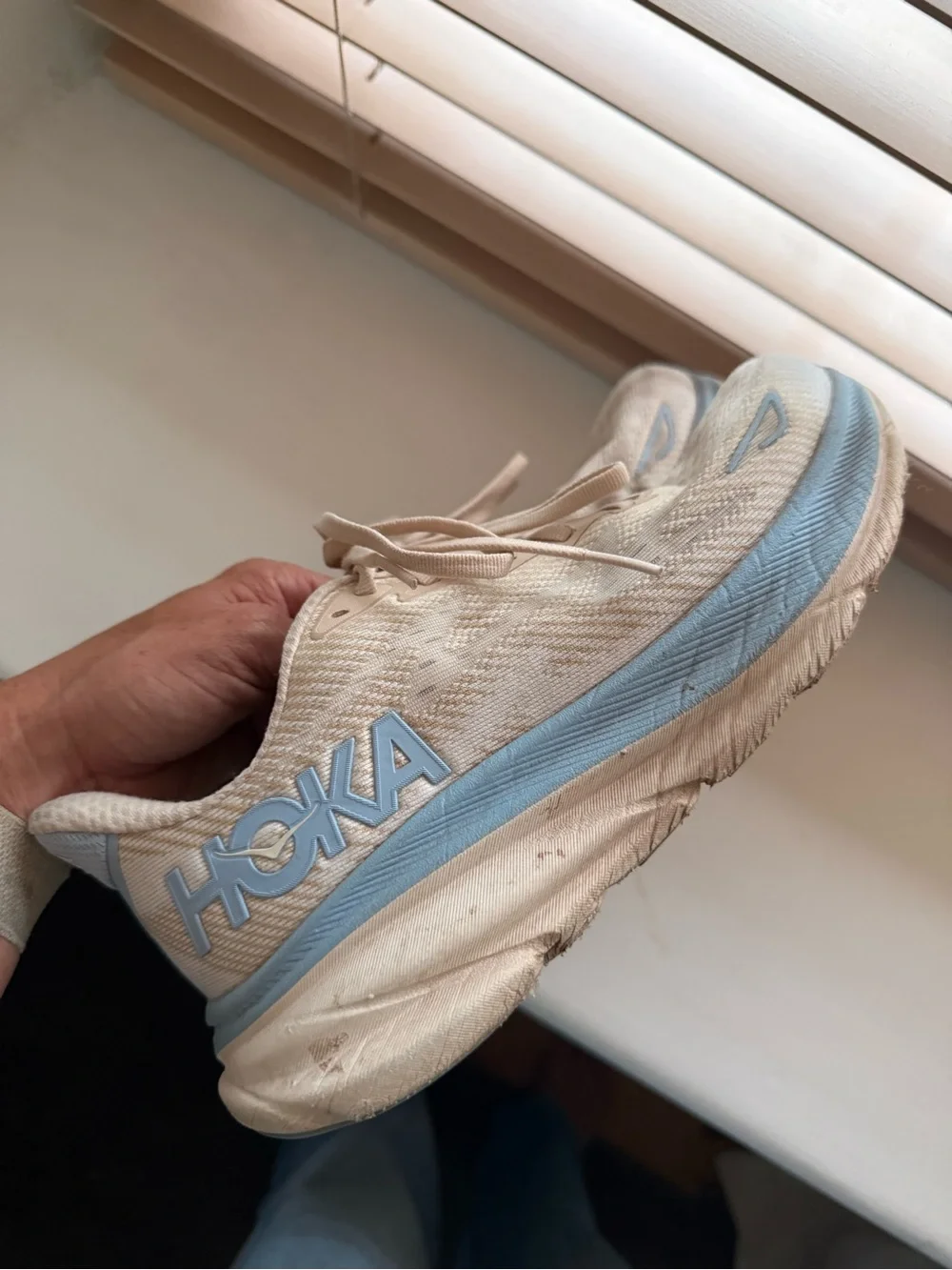 HOKA Clifton Women's Running Shoe in Beige with Light Blue Trim (Alabaster) 6.5